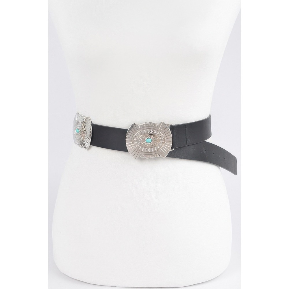 Concho Belt Women OS Black Excellent Western Turquoise Boho Medallion